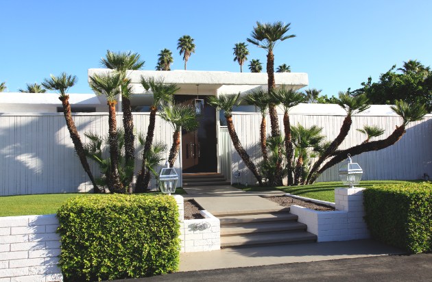 Modern home with palm trees and stone steps